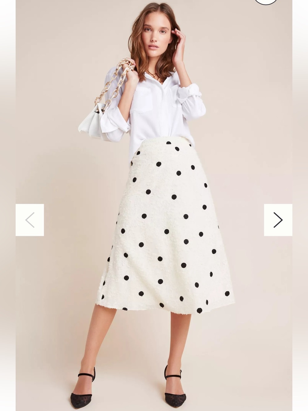 Anthropologie Eri + Ali Andrea Textured Midi Skirt White Black Polka Dots Medium